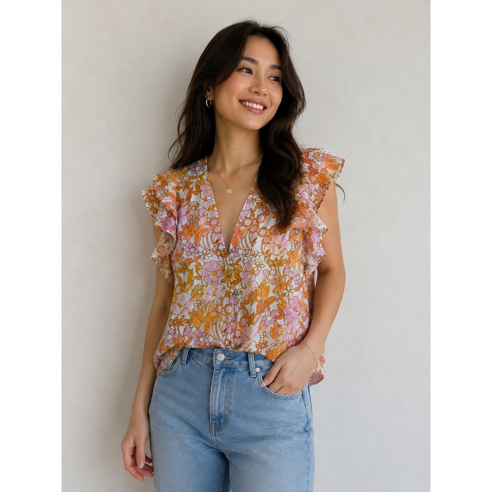 Ryegrass Womens Floral Ruffle Sleeve V-Neck Top Orange Pink Med granola boho Y2K